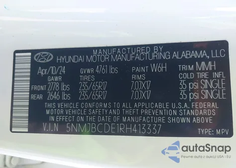 2024 Hyundai Tucson Sel z USA, uszkodzony, nr VIN 5NMJBCDE1RH413337